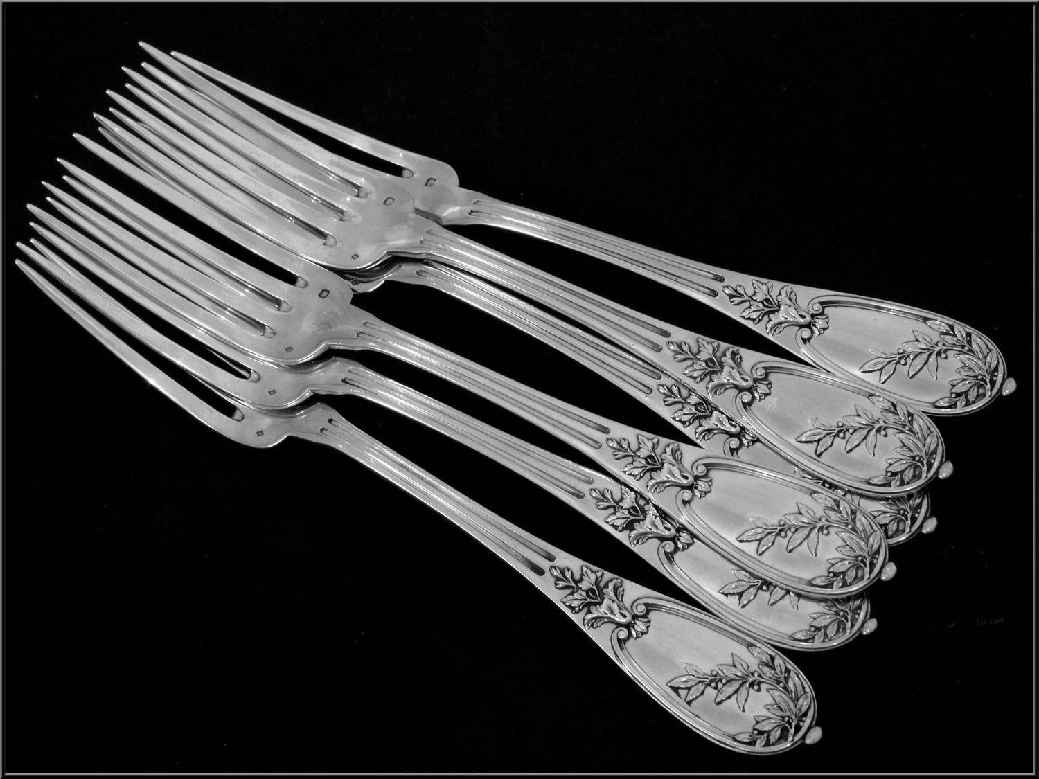 Henin Gorgeous French Sterling Silver Dinner Flatware Set of 12 Pc Neoclassical For Sale 4
