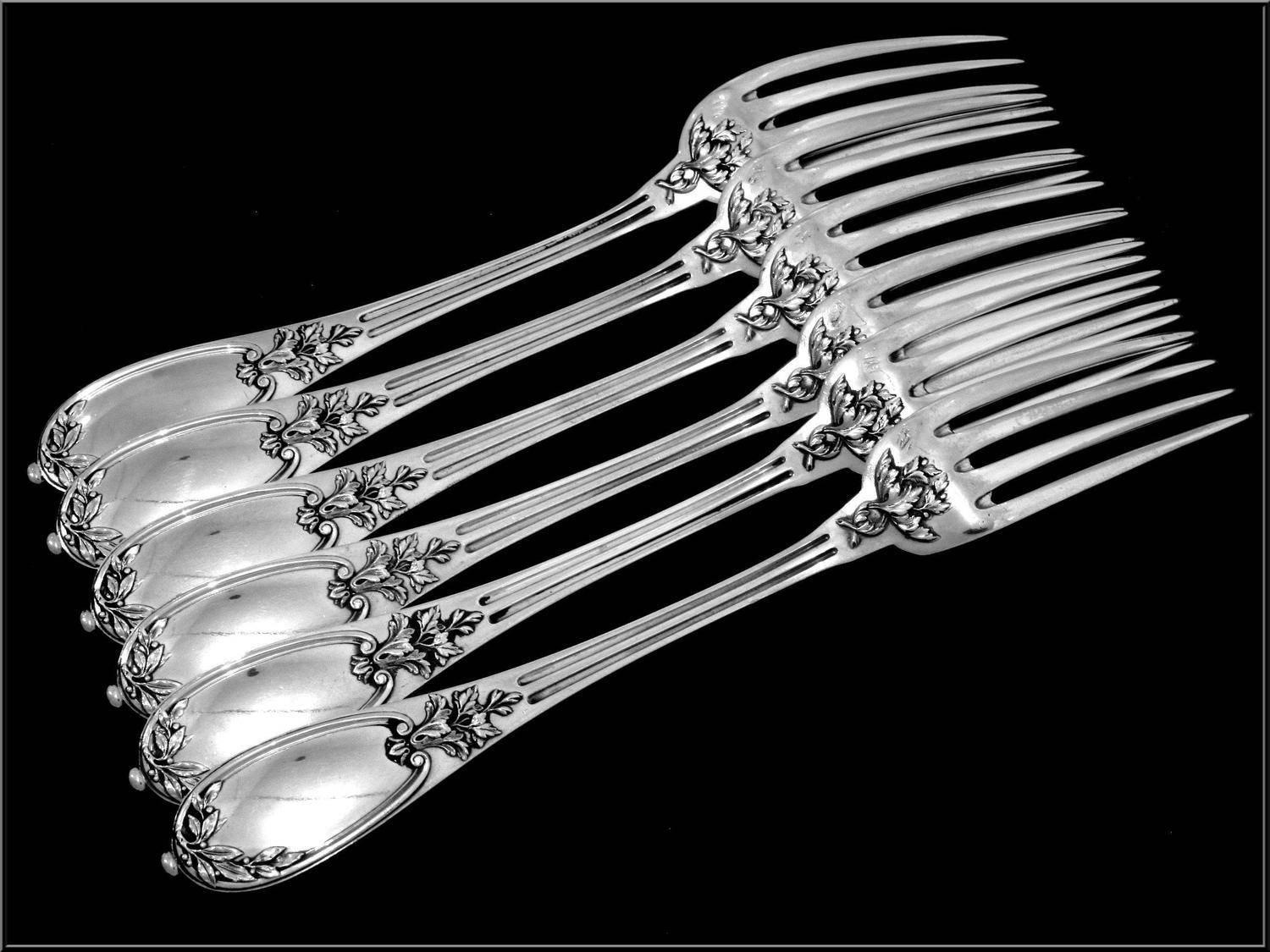 Henin Gorgeous French Sterling Silver Dinner Flatware Set of 12 Pc Neoclassical For Sale 5