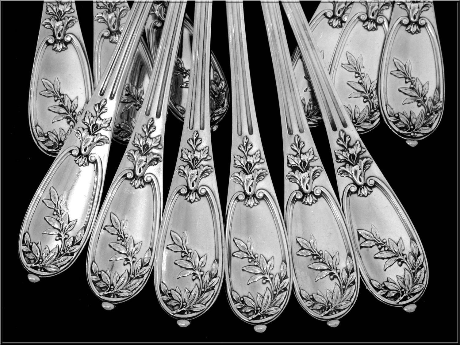 Henin Gorgeous French Sterling Silver Dinner Flatware Set of 12 Pc Neoclassical For Sale 6