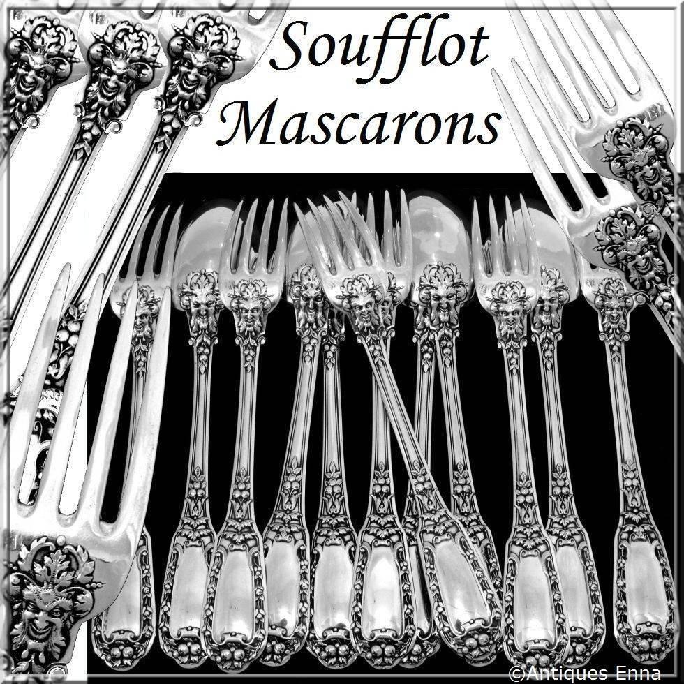 Soufflot gorgeous french sterling silver dinner flatware set 12 pieces mascarons.

Head of Minerve 1st titre for 950/1000 French sterling silver.

An Renaissance decoration on the handles with mascaron and foliage. Both design and quality of