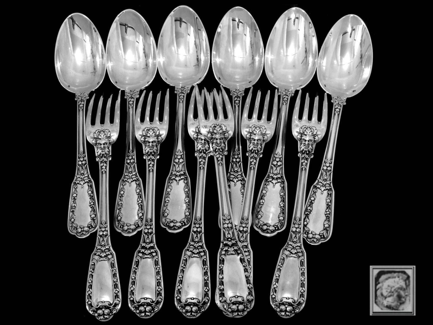 Soufflot Gorgeous French Sterling Silver Dinner Flatware Set 12 Pc Mascarons In Excellent Condition In TRIAIZE, PAYS DE LOIRE