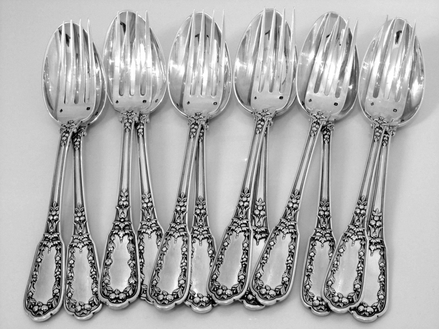 Late 19th Century Soufflot Gorgeous French Sterling Silver Dinner Flatware Set 12 Pc Mascarons