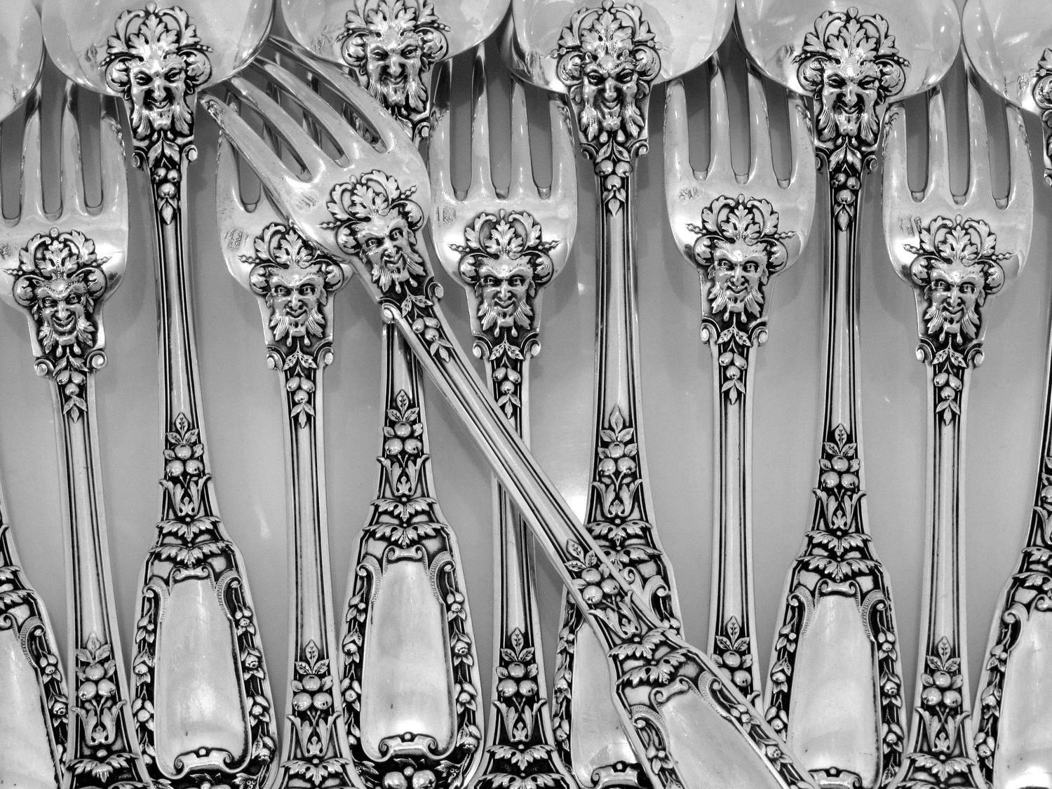 Soufflot Gorgeous French Sterling Silver Dinner Flatware Set 12 Pc Mascarons 1