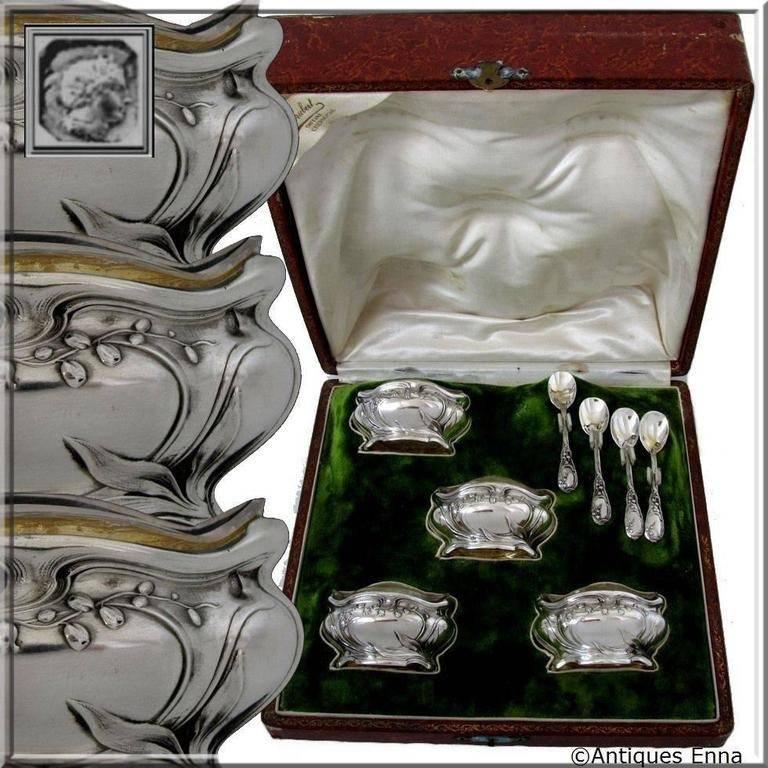 Art Nouveau French Sterling Silver Gold 18k Set of 4 Salt Cellars Spoons Lily of the Valley