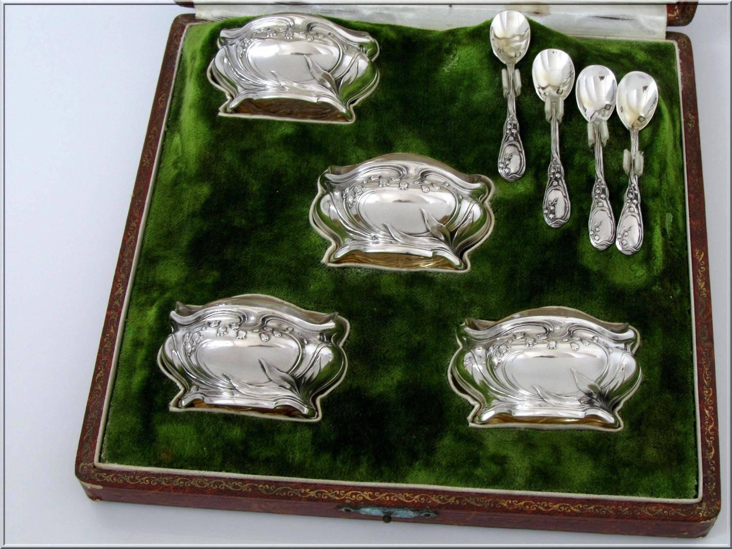 Early 20th Century French Sterling Silver Gold 18k Set of 4 Salt Cellars Spoons Lily of the Valley