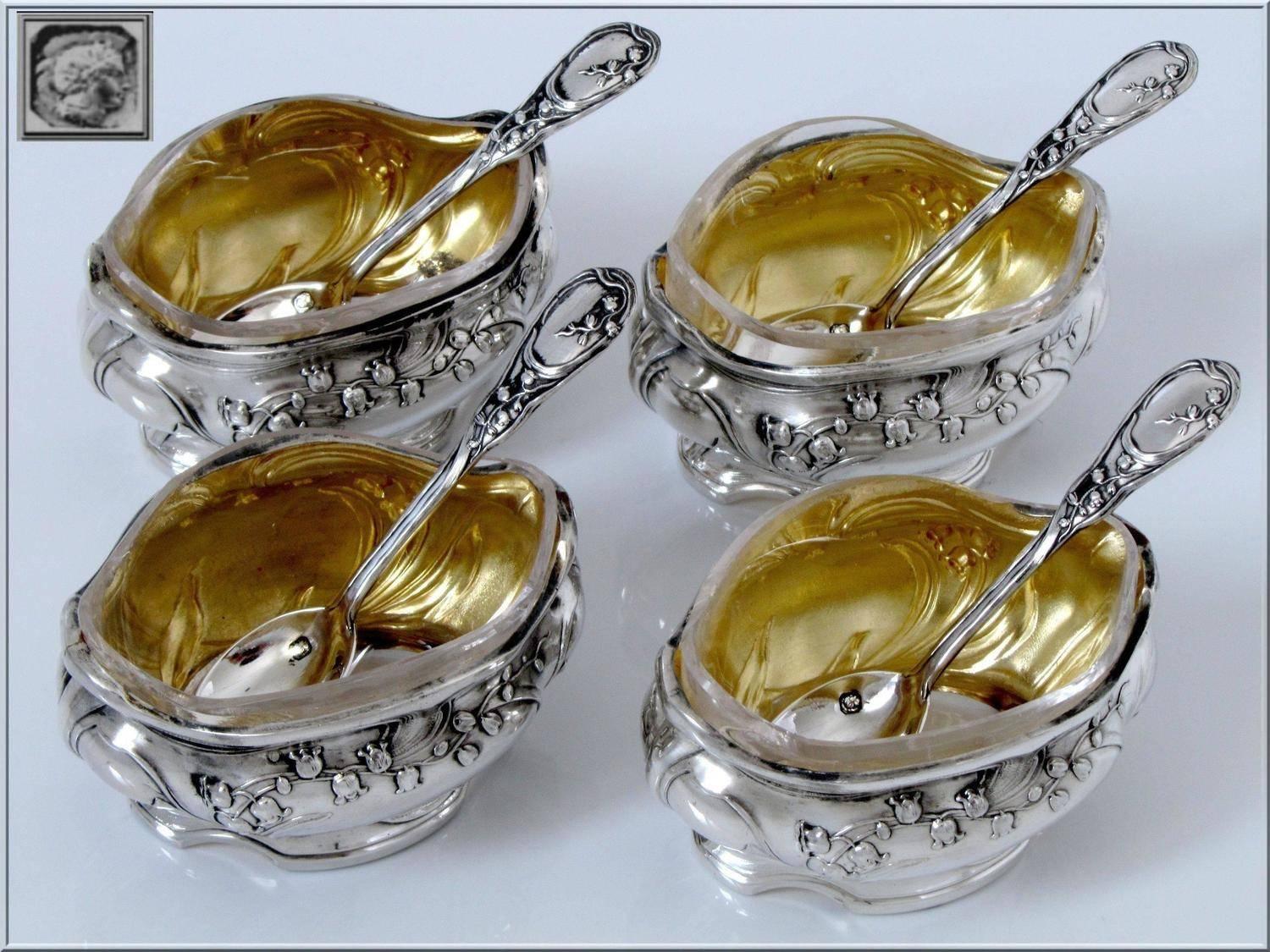 French Sterling Silver Gold 18k Set of 4 Salt Cellars Spoons Lily of the Valley 1