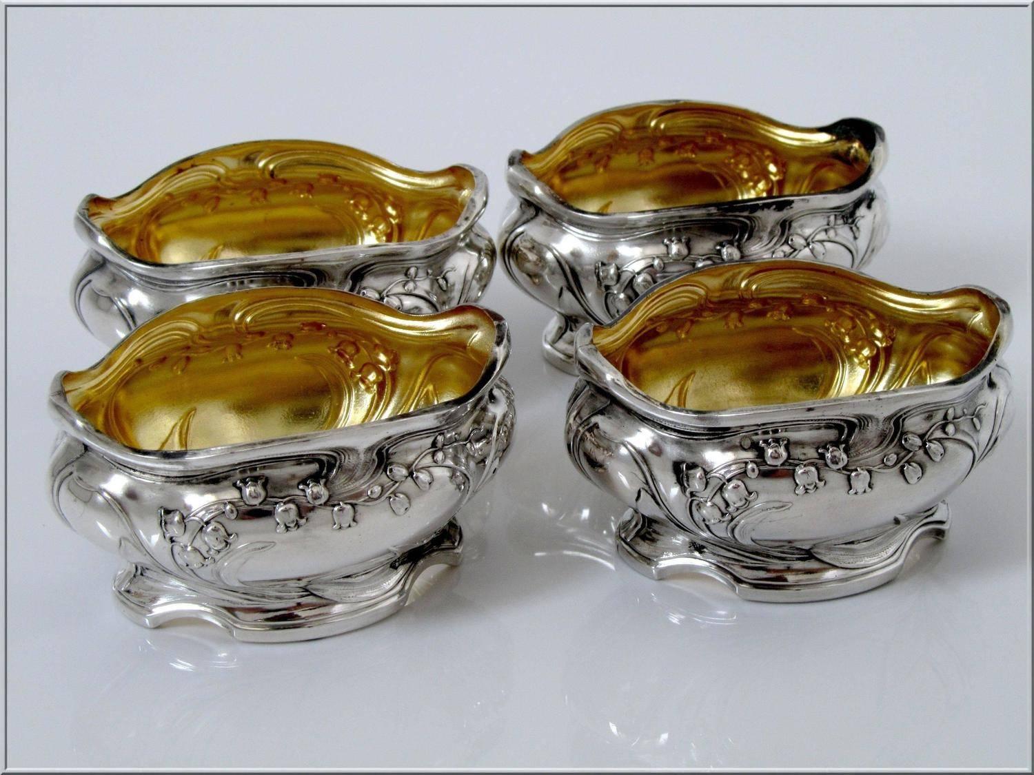 French Sterling Silver Gold 18k Set of 4 Salt Cellars Spoons Lily of the Valley 4