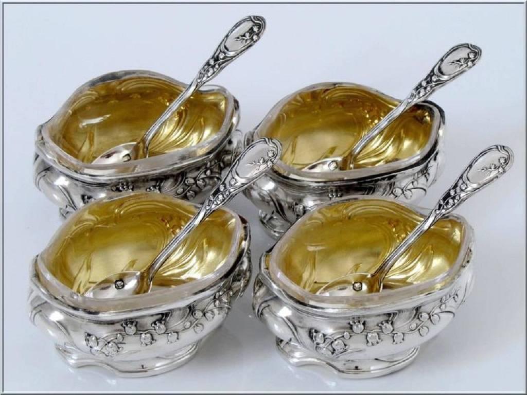 French Sterling Silver Gold 18k Set of 4 Salt Cellars Spoons Lily of the Valley 5
