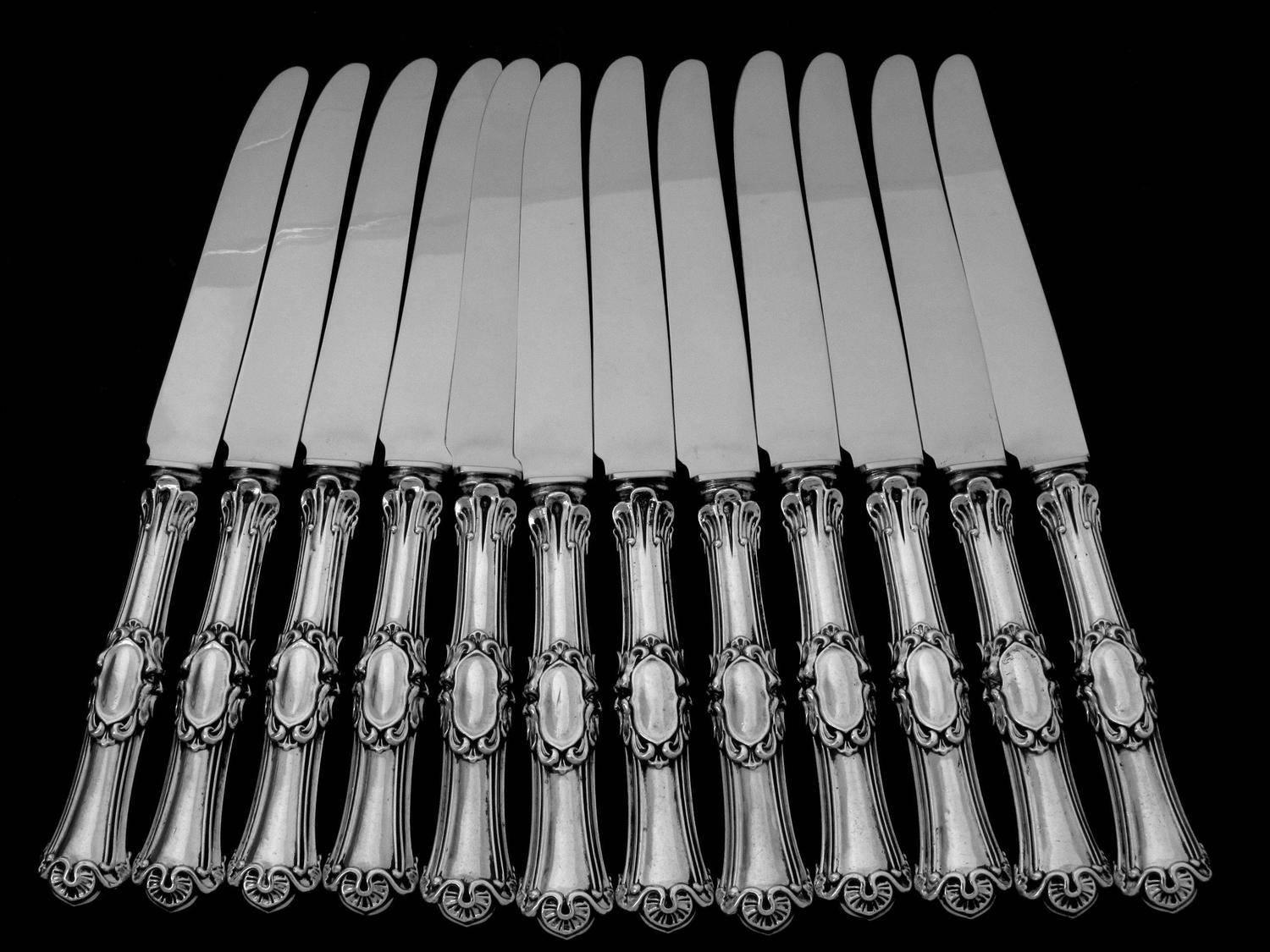 Renaissance French Sterling Silver Dinner Knife Set 12 Pc Mascarons Stainless Steel Blades