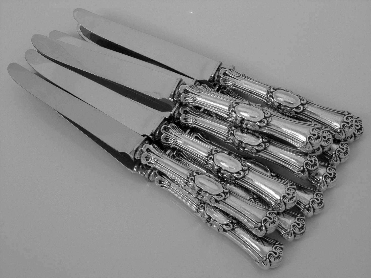 Late 19th Century French Sterling Silver Dinner Knife Set 12 Pc Mascarons Stainless Steel Blades