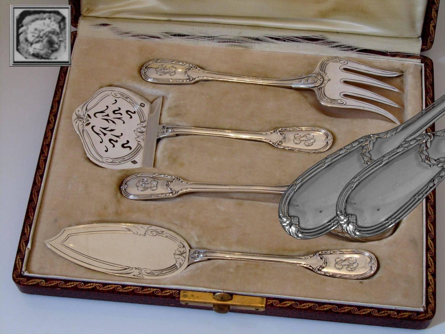 Neoclassical Christofle Rare French All Sterling Silver Dessert Hors D'oeuvre Set Four-Pc Box