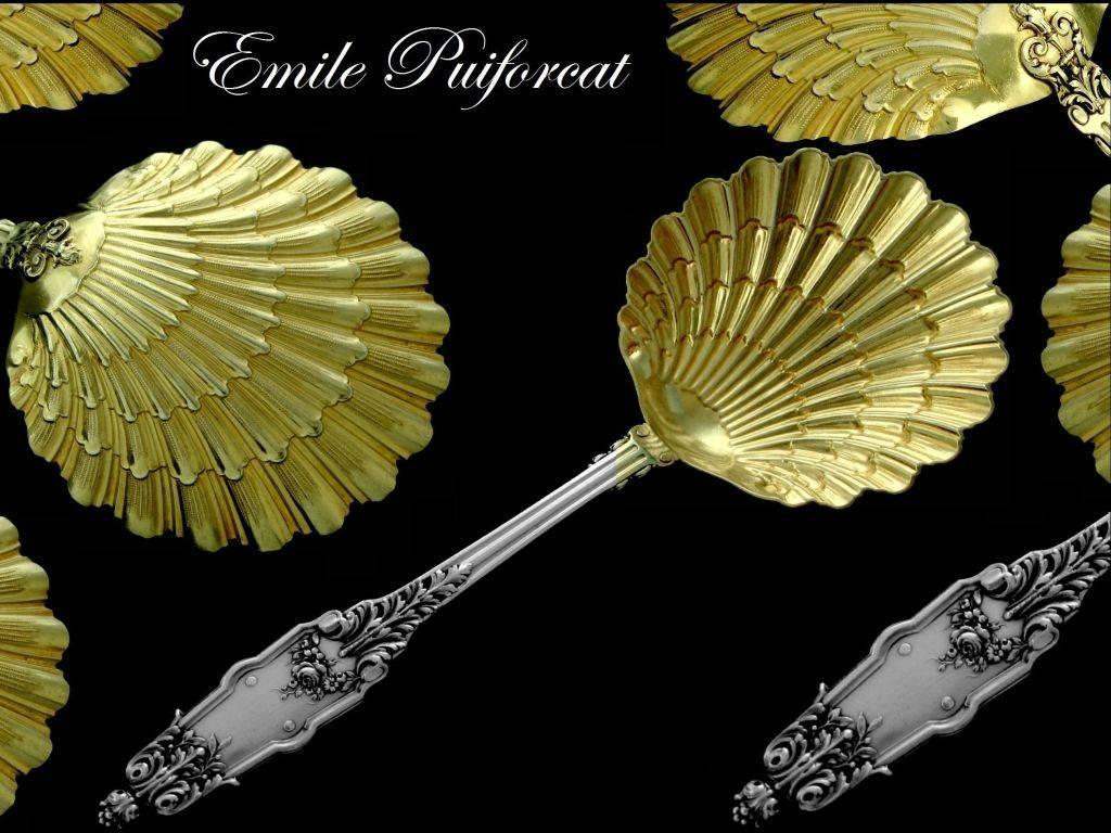 Neoclassical Puiforcat French All Sterling Silver 18K Gold Strawberry Spoon Acanthus