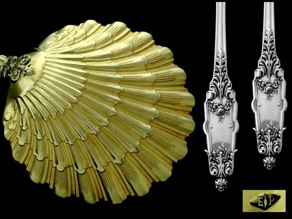 Late 19th Century Puiforcat French All Sterling Silver 18K Gold Strawberry Spoon Acanthus
