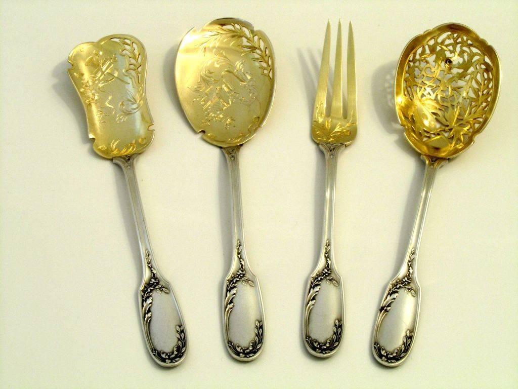 Gorgeous French All Sterling Silver 18k Gold Dessert Set Box Musical Instruments In Good Condition In TRIAIZE, PAYS DE LOIRE