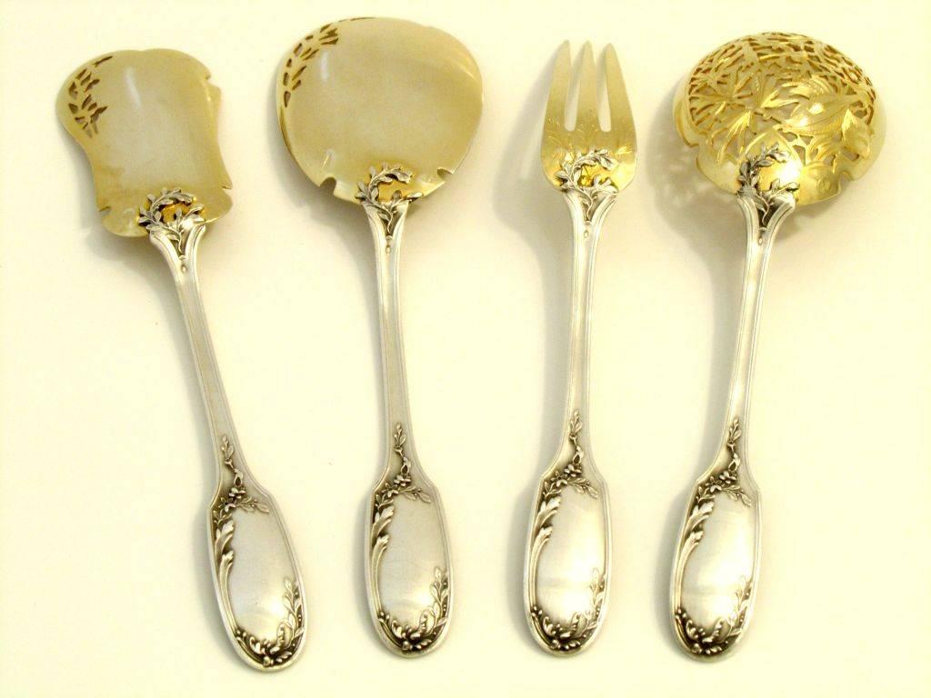 Late 19th Century Gorgeous French All Sterling Silver 18k Gold Dessert Set Box Musical Instruments