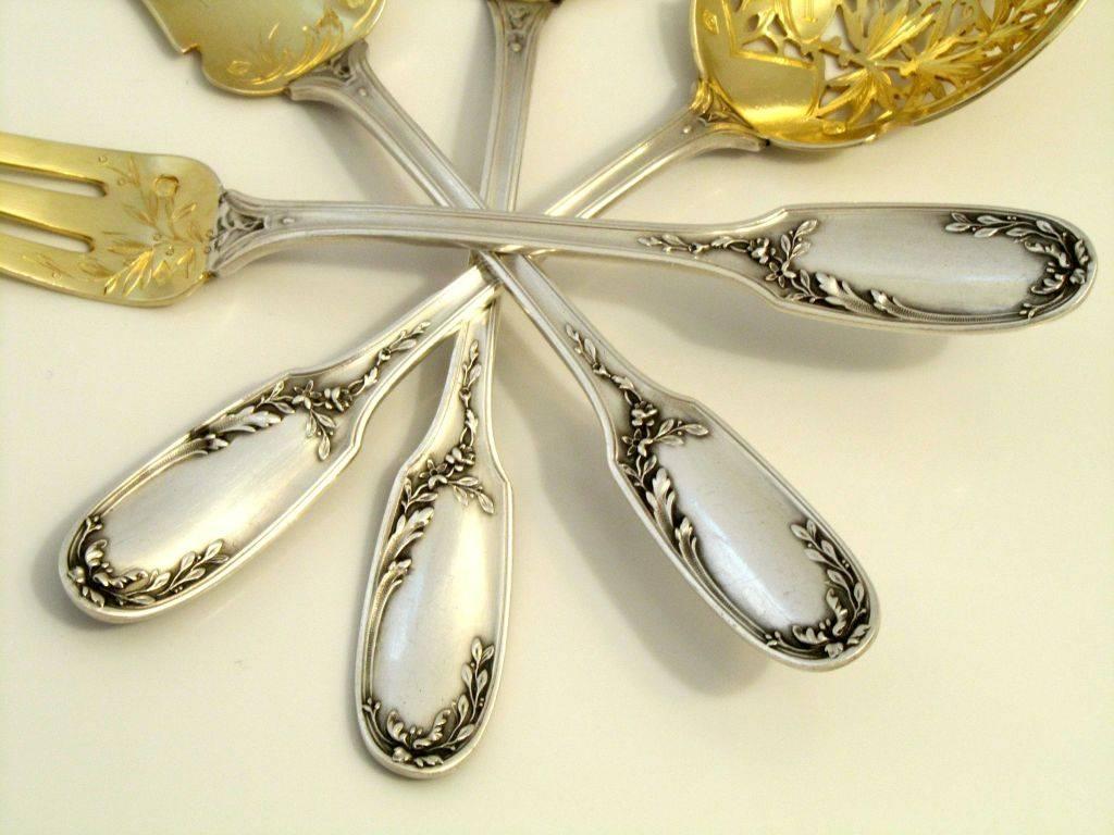 Gorgeous French All Sterling Silver 18k Gold Dessert Set Box Musical Instruments 2