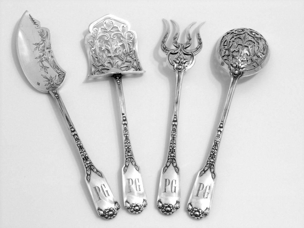 Soufflot French All Sterling Silver Dessert Hors D'Oeuvre Set 4 Pc, Original Box In Good Condition For Sale In TRIAIZE, PAYS DE LOIRE