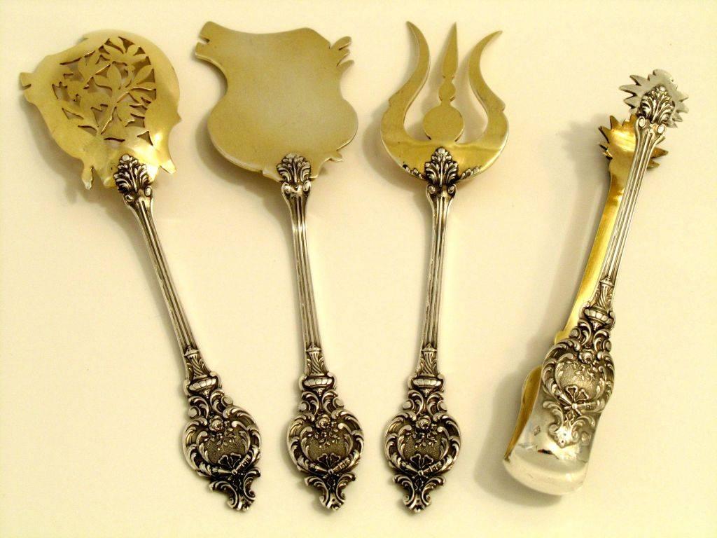Late 19th Century Canaux French All Sterling Silver 18k Gold Dessert Hors D'oeuvre Set Box Torches