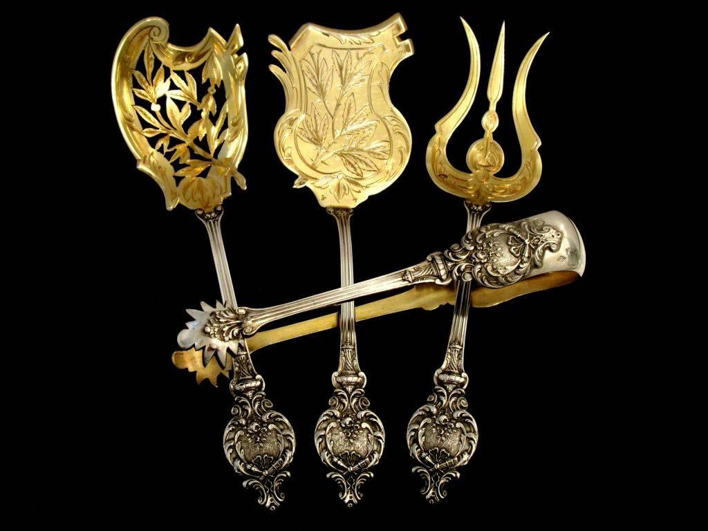 Canaux French All Sterling Silver 18k Gold Dessert Hors D'oeuvre Set Box Torches 2