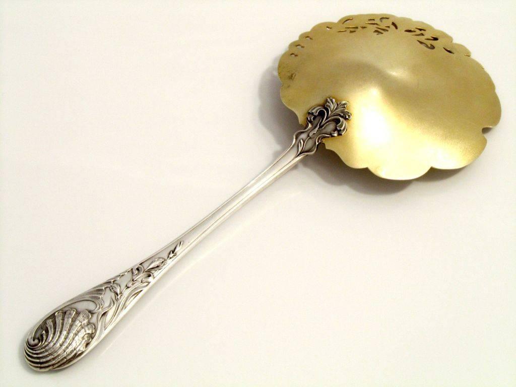 Rococo Gabert Fabulous French All Sterling Silver 18k Gold Strawberry Spoon, Iris For Sale