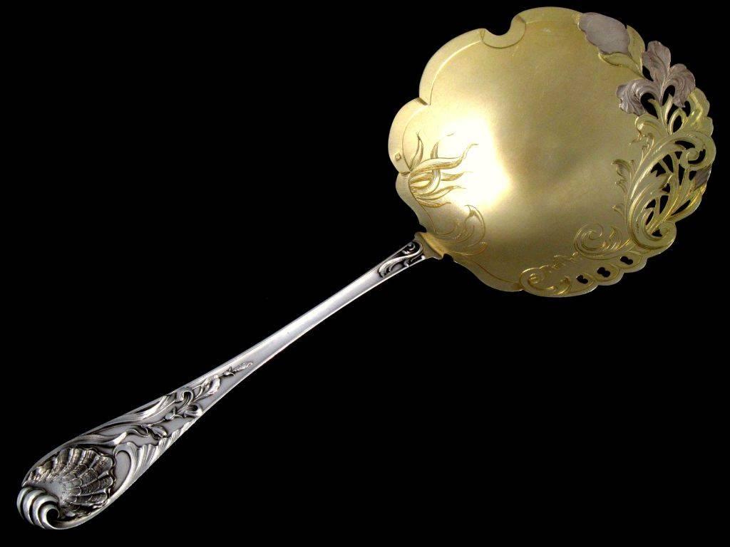 Early 20th Century Gabert Fabulous French All Sterling Silver 18k Gold Strawberry Spoon, Iris For Sale