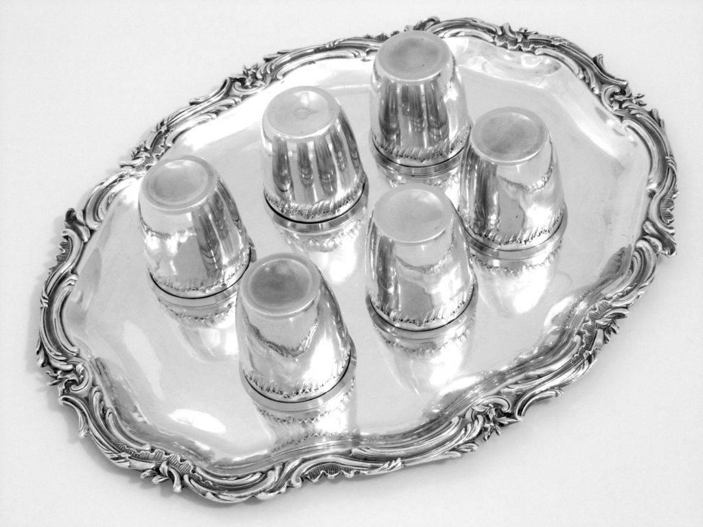 Devaux French All Sterling Silver 18k Gold Liquor Cups with Tray Rococo For Sale 2