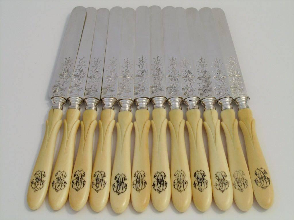 Antique French Sterling Silver Knife Set 12 pc, Blades engraved with vines, box In Good Condition For Sale In TRIAIZE, PAYS DE LOIRE