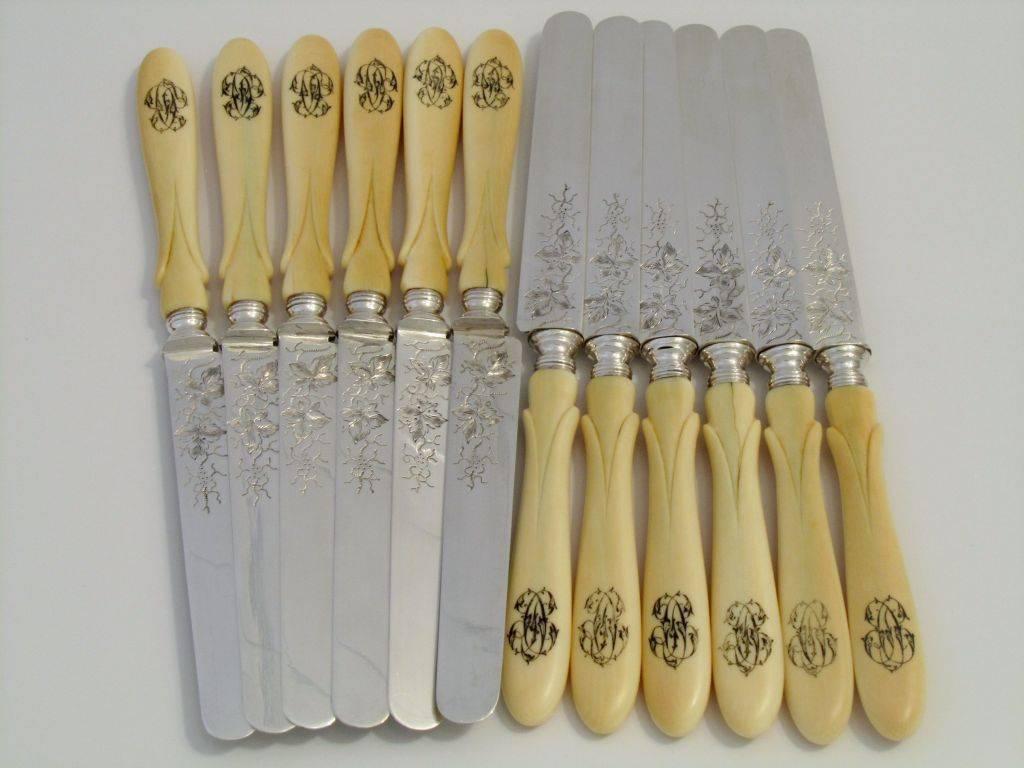 Late 19th Century Antique French Sterling Silver Knife Set 12 pc, Blades engraved with vines, box For Sale