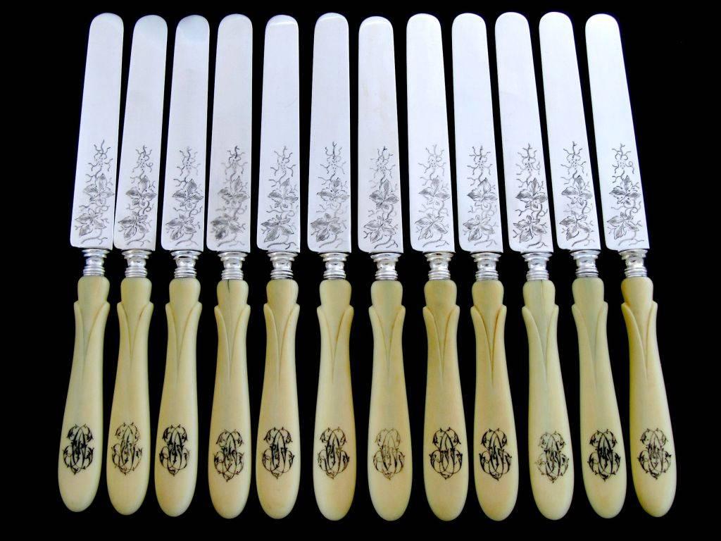 Antique French Sterling Silver Knife Set 12 pc, Blades engraved with vines, box For Sale 2