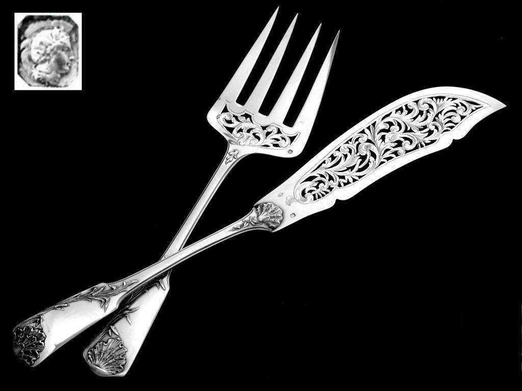 Late 19th Century Grandvigne French All Sterling Silver Fish Servers Two Pieces Reed Motifs