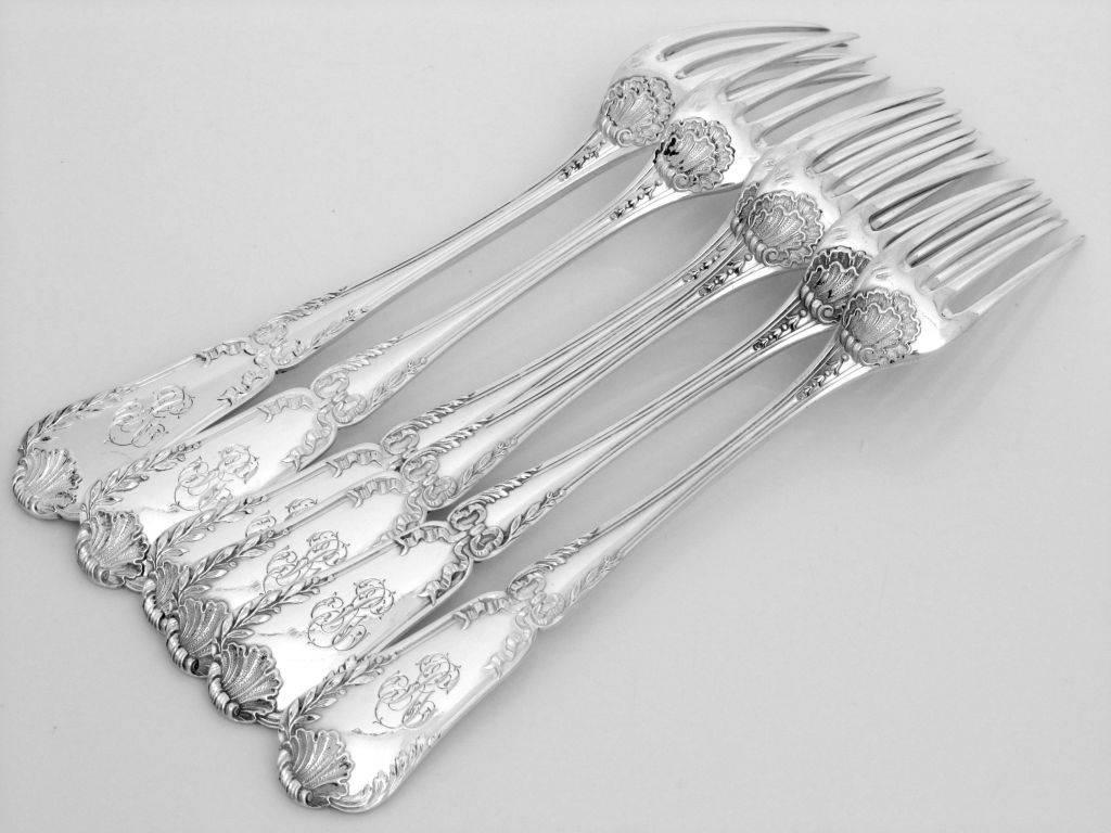 Puiforcat French sterling silver flatware 18-piece pompadour new stainless steel blades. 

A rare flatware with foliate, shell and ribbon decoration. There are plate of the Maison Puiforcat catalogue, and is called "Louis XVI Pompadour n°53.