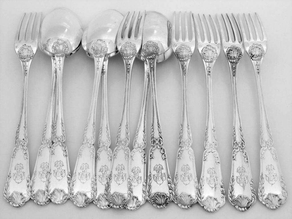 Neoclassical Puiforcat French Sterling Silver Flatware 18 pc Pompadour, New Stainless Blades