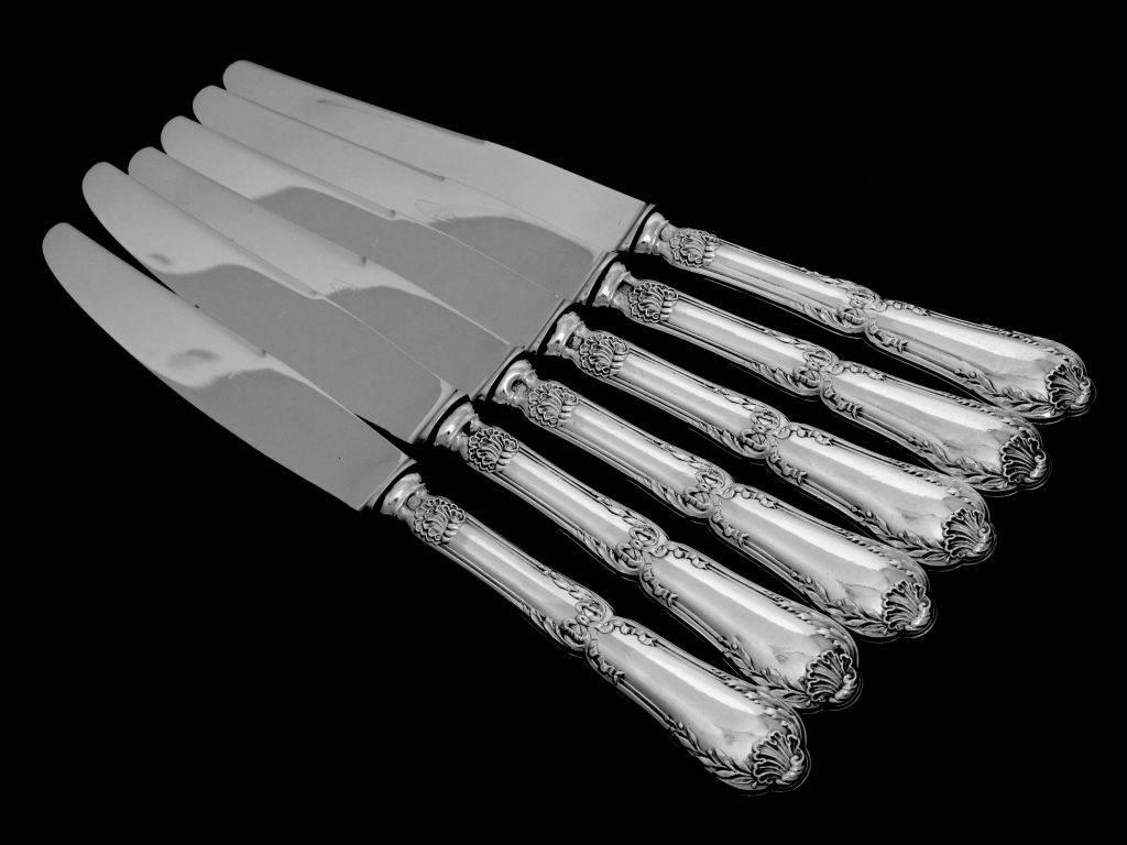 Late 19th Century Puiforcat French Sterling Silver Flatware 18 pc Pompadour, New Stainless Blades