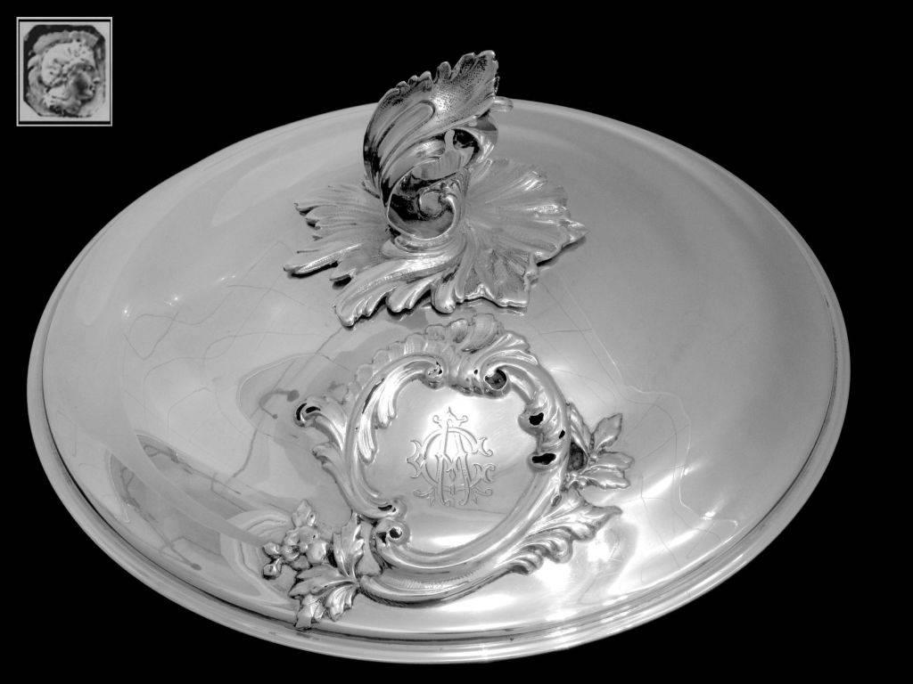 Late 19th Century Soufflot Rare French Sterling Silver Covered Serving Dish/Tureen Pair, Rococo