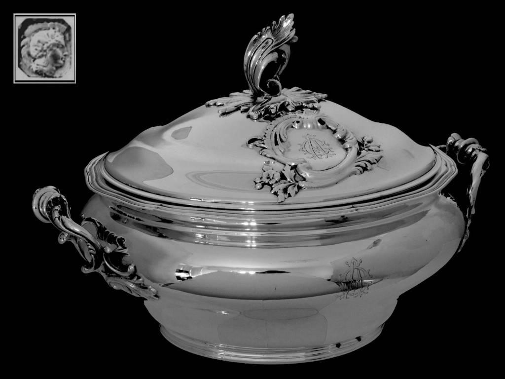 Soufflot Rare French Sterling Silver Covered Serving Dish/Tureen Pair, Rococo 1