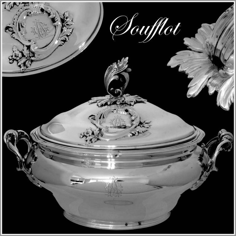 Soufflot Rare French Sterling Silver Covered Serving Dish/Tureen Pair, Rococo 5