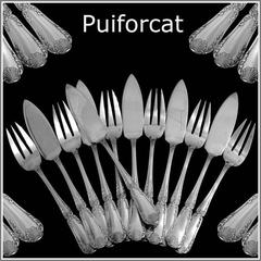 Puiforcat Rare French Sterling Silver Fish Flatware Set 12 pieces Pompadour