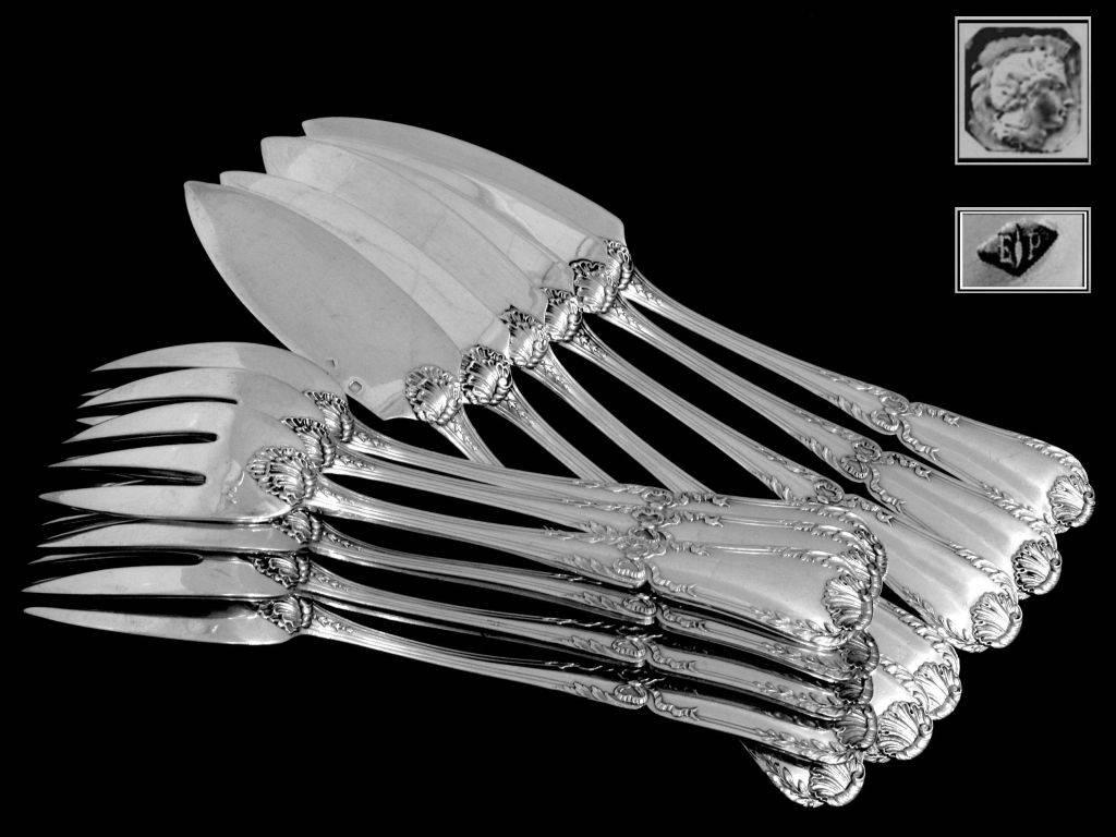 Puiforcat Rare French Sterling Silver Fish Flatware Set 12 pieces Pompadour  In Good Condition In TRIAIZE, PAYS DE LOIRE