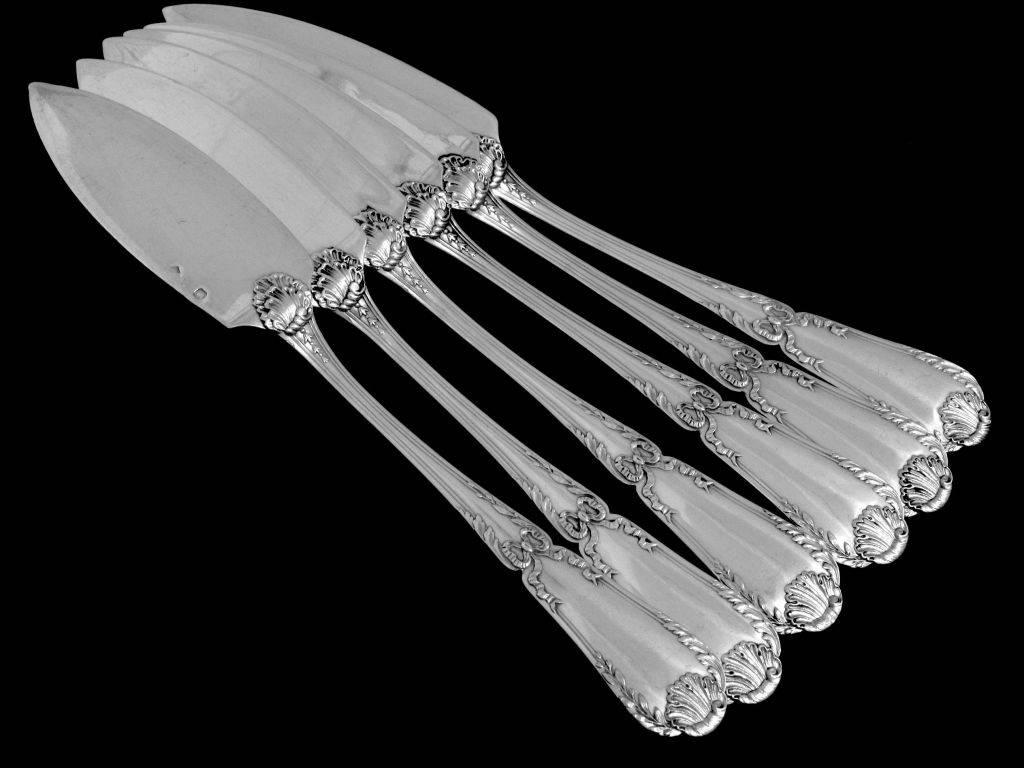 Late 19th Century Puiforcat Rare French Sterling Silver Fish Flatware Set 12 pieces Pompadour 