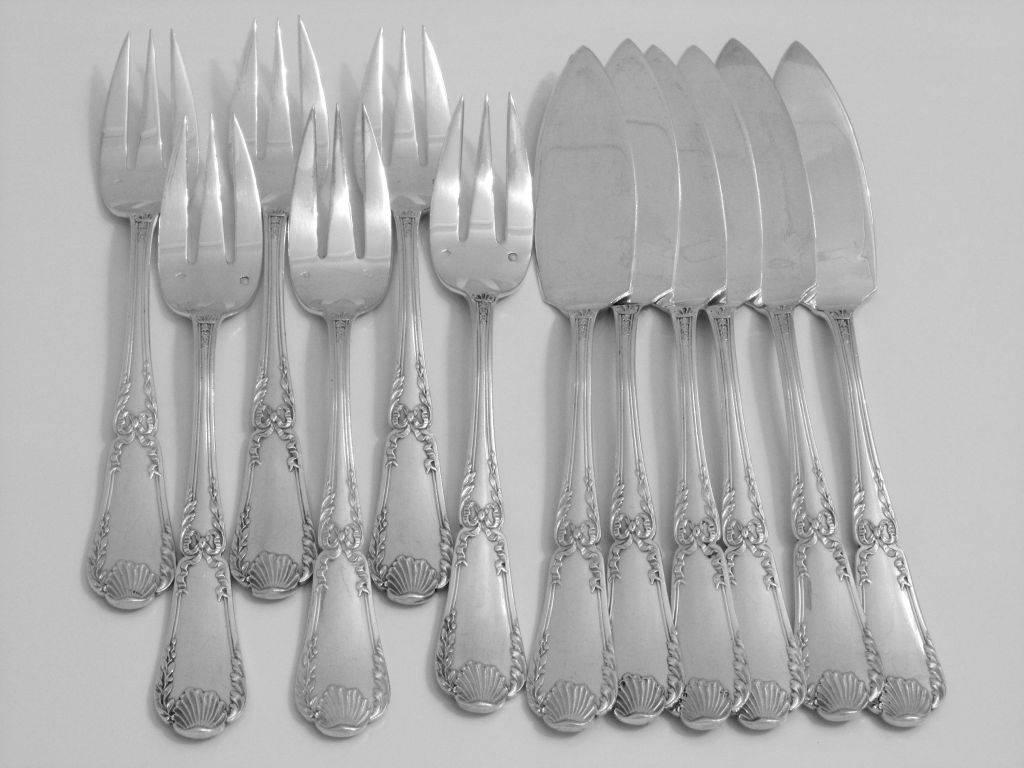 Puiforcat Rare French Sterling Silver Fish Flatware Set 12 pieces Pompadour  3