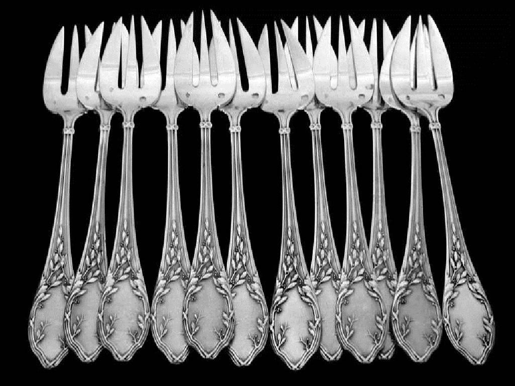Late 19th Century Soufflot Antique French All Sterling Silver Oyster Forks 12 Pc Louis XVI Pattern
