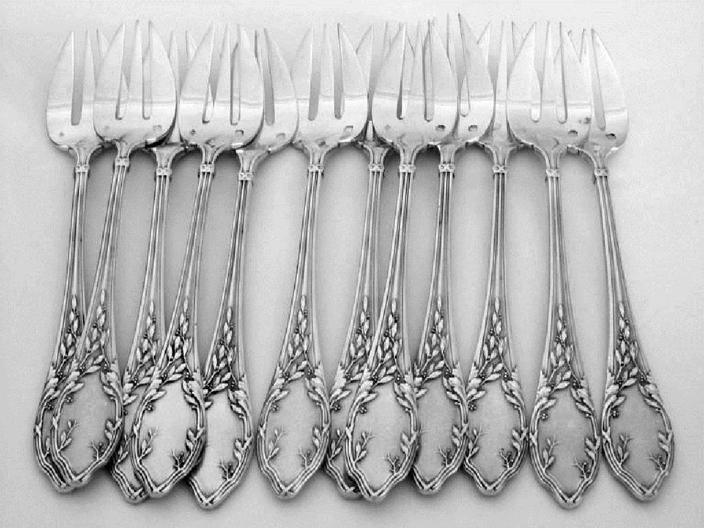 Soufflot Antique French All Sterling Silver Oyster Forks 12 Pc Louis XVI Pattern 1