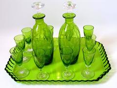 1900s St. Louis French Green Cut Crystal Liquor Set Decanter Cordials and Tray