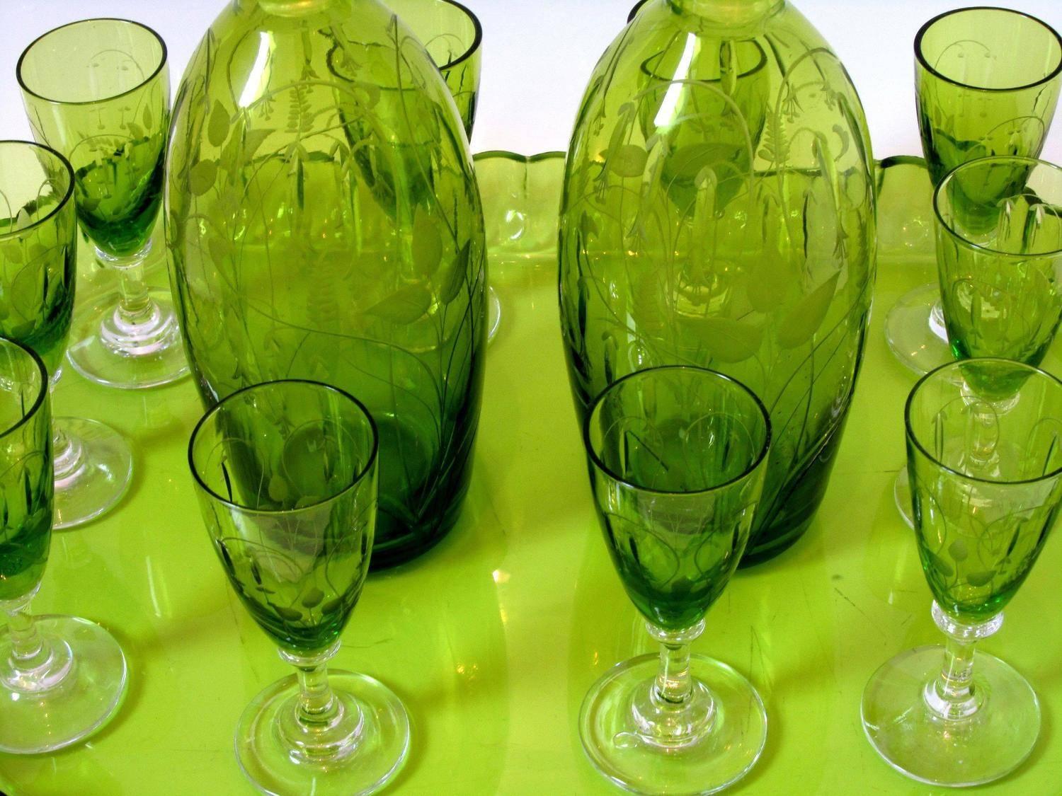 Art Nouveau 1900s St. Louis French Green Cut Crystal Liquor Set Decanter Cordials and Tray