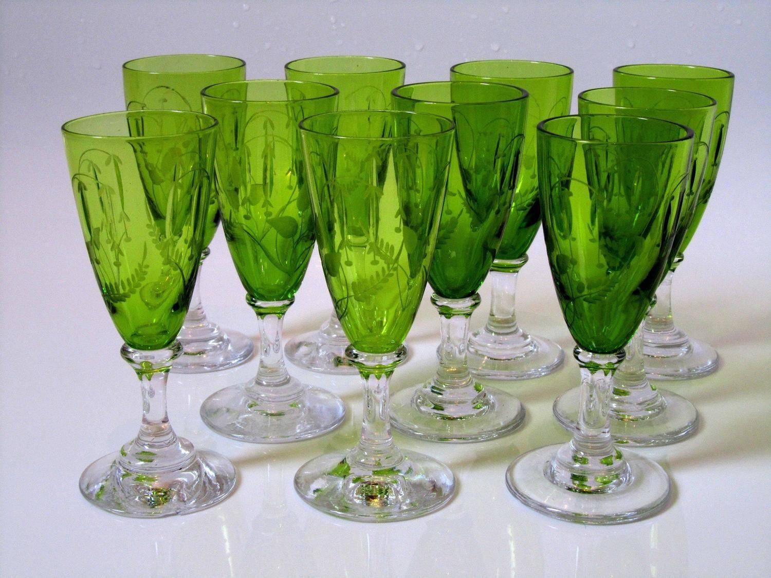 1900s St. Louis French Green Cut Crystal Liquor Set Decanter Cordials and Tray 2