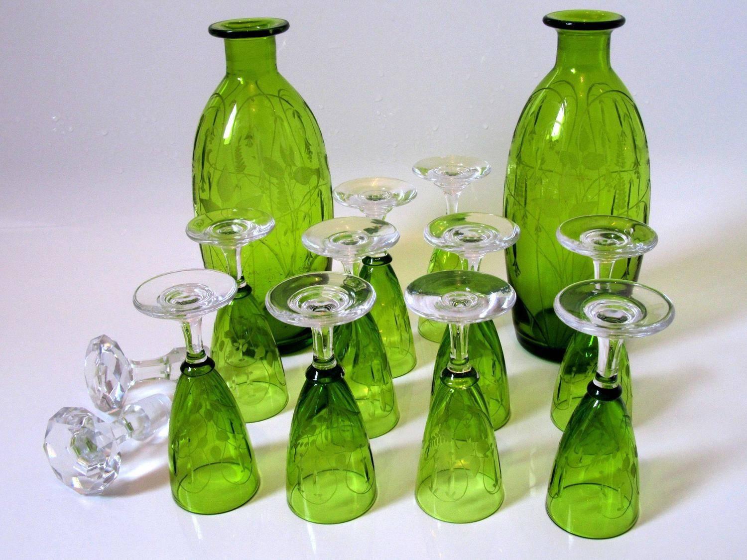 1900s St. Louis French Green Cut Crystal Liquor Set Decanter Cordials and Tray 4