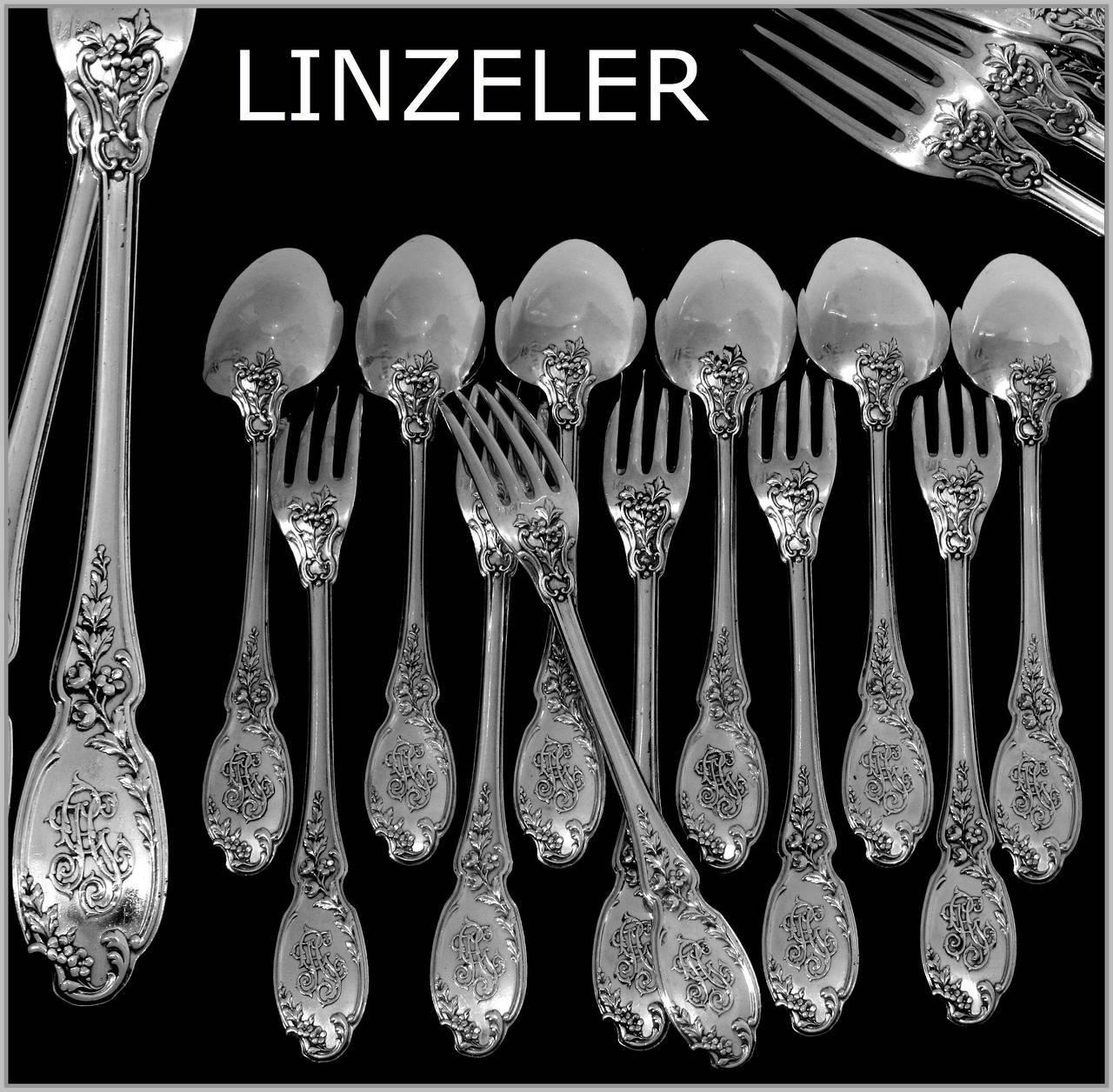 Linzeler French Sterling Silver Dessert/Entremet Flatware Set 12 pc Rococo

Head of Minerve 1st titre for 950/1000 French sterling silver guarantee.

Fabulous French sterling silver flatware with fantastic decoration in the Rococo style with flowers