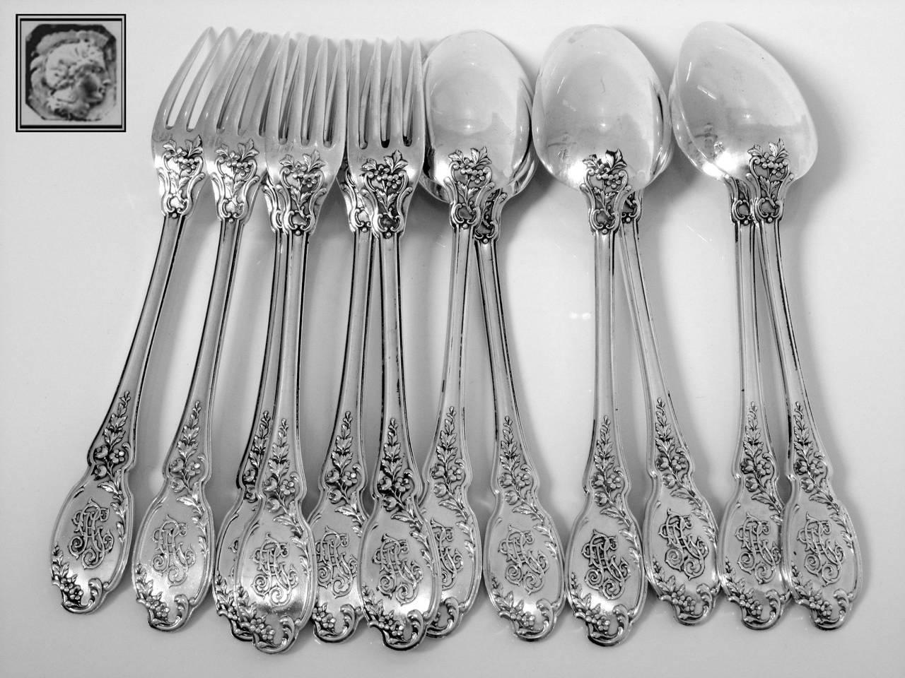 Linzeler French Sterling Silver Dessert/Entremet Flatware Set 12 pc Rococo In Excellent Condition In TRIAIZE, PAYS DE LOIRE