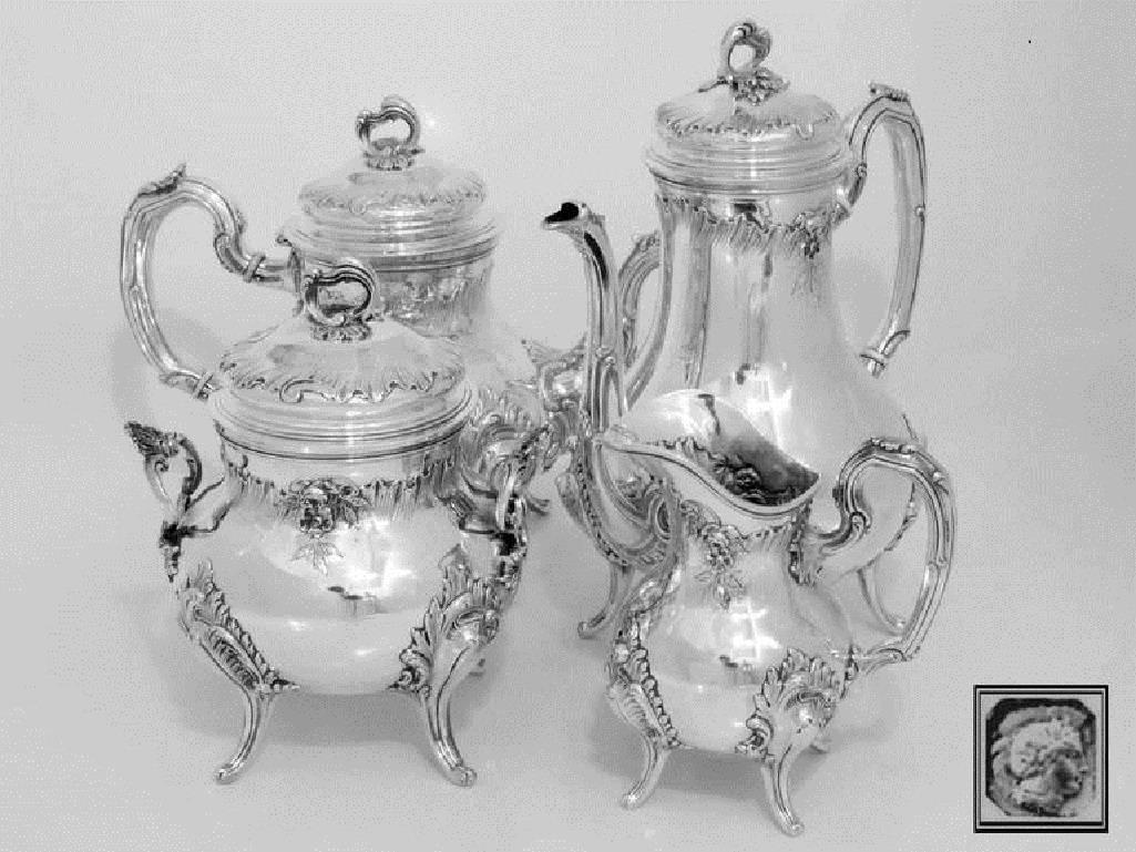 Fabulous French All Sterling Silver Tea and Coffee Service Four-Piece Rococo 1