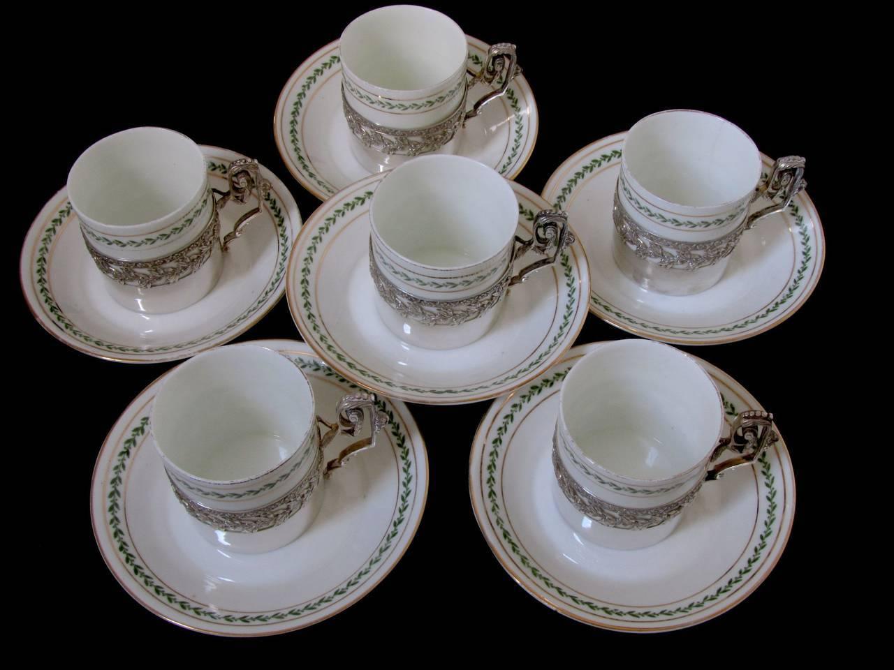 1870s French Sterling Silver Porcelain of Paris Six Tea Cups with Saucers Empire In Good Condition In TRIAIZE, PAYS DE LOIRE